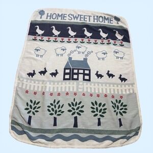 VINTAGE 80's Home Sweet Farm Silly Goose Rabbits Cottagecore Blanket Sheep